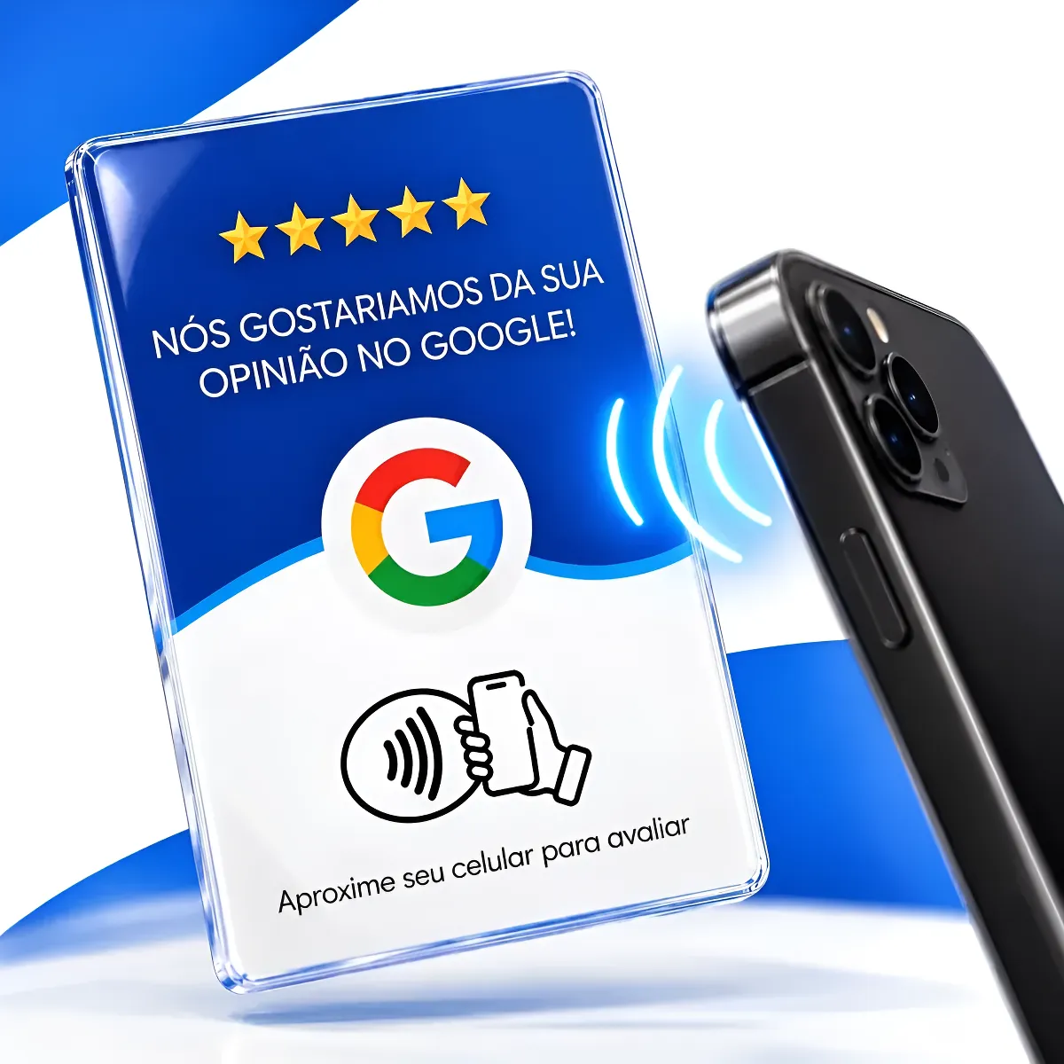 Exemplo ilustrativo de placa de avaliação com aproximação de celular e marca Google